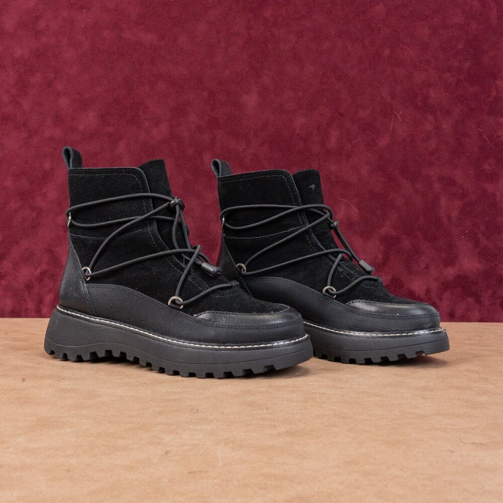 Lucky Brand Women Caelia Black Leather Drawcord Lace Winter Platform Boots sz 6